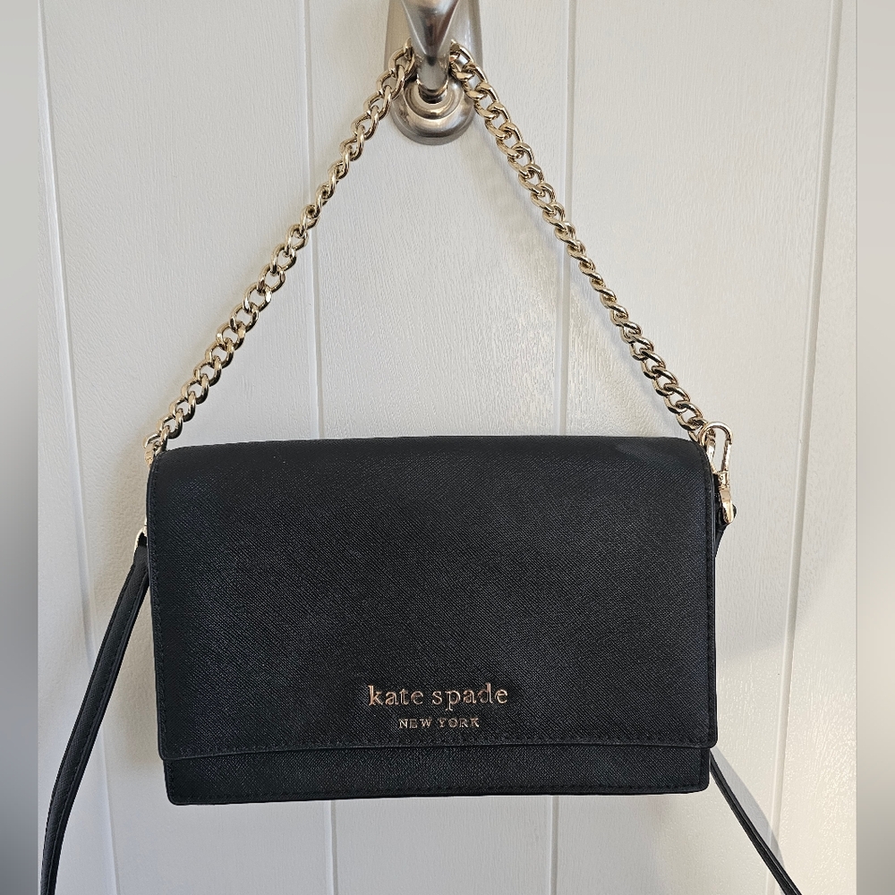 KATE SPADE Madison Flap Black Saffiano Leather Crossbody Bag Purse - Picture 2 of 7